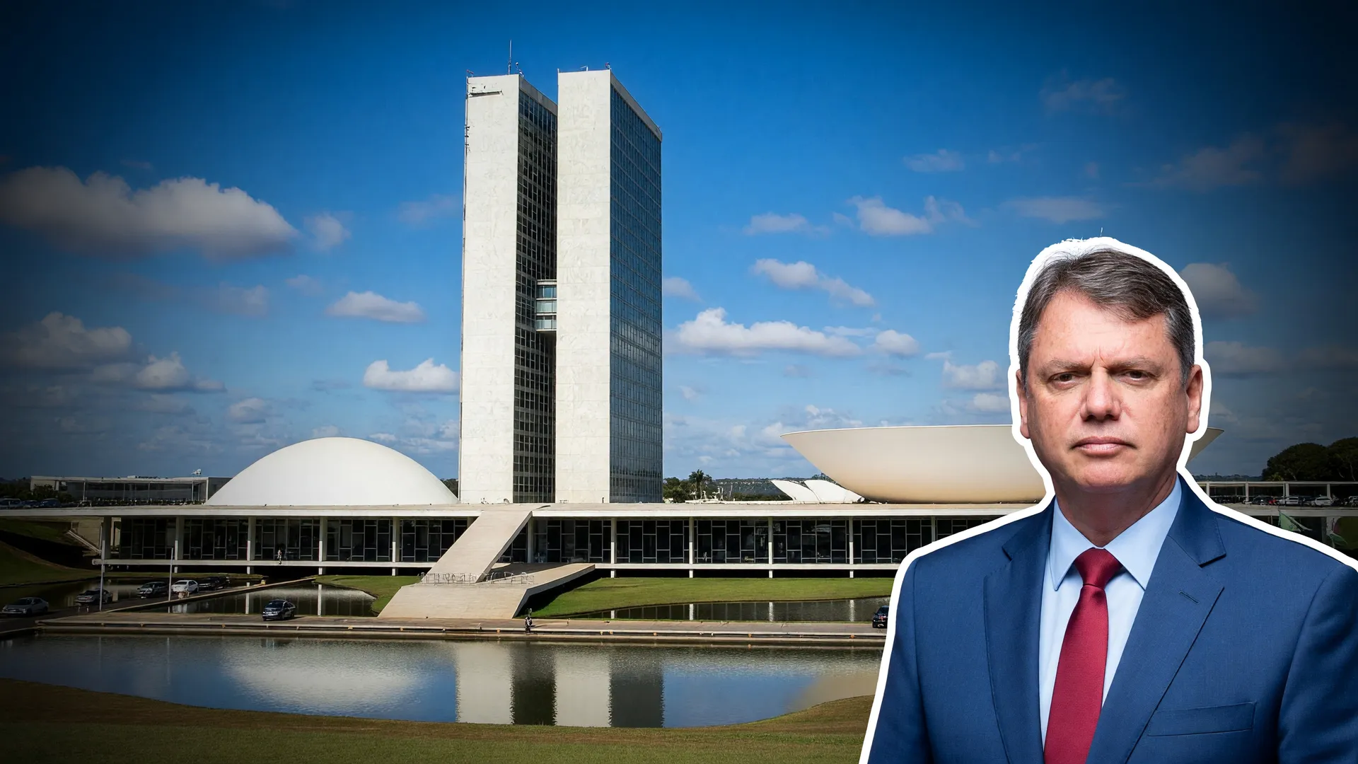 Senado Federal ao fundo e Tarcísio de Freitas em retrato, representando o candidato do Podemos ao Senado por SP