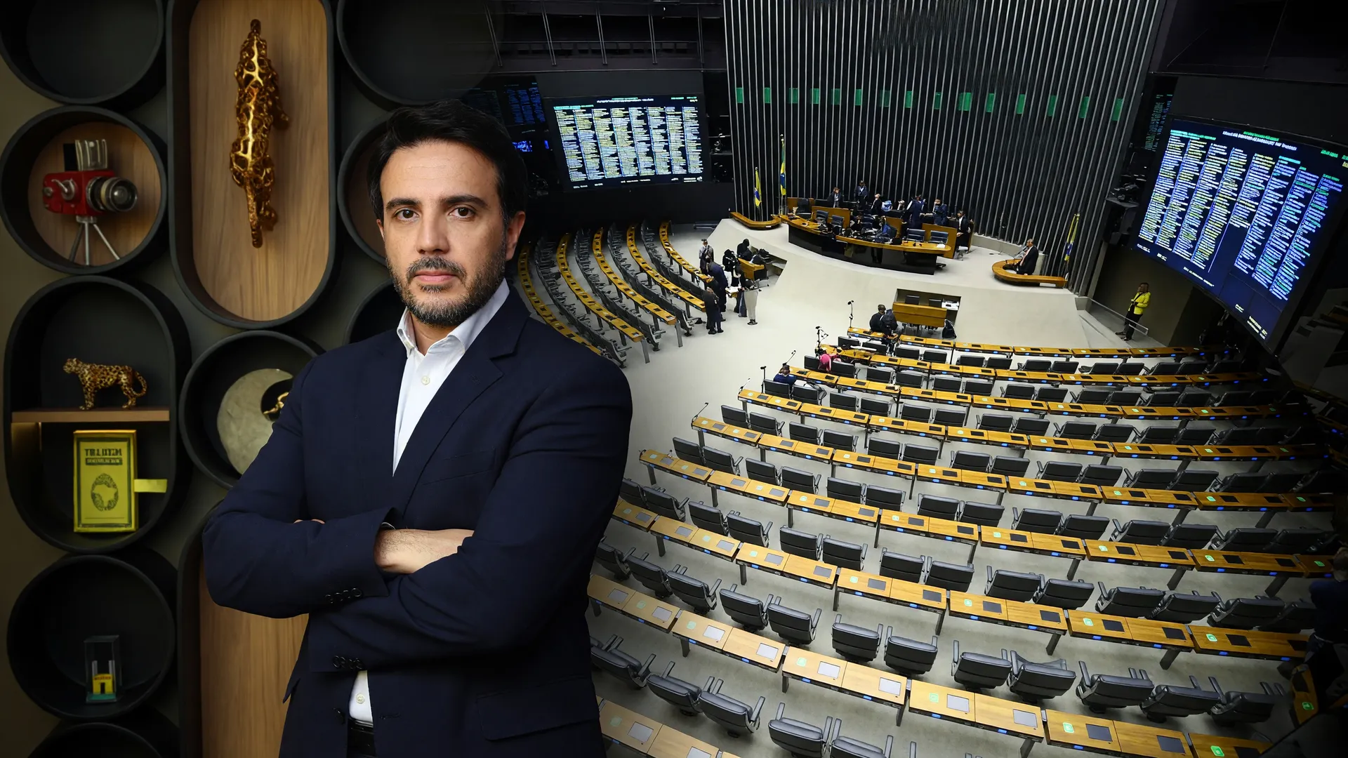 Renan Santos e plenário da Câmara dos Deputados, representando as candidaturas do Missão para deputado nas eleições de 2026