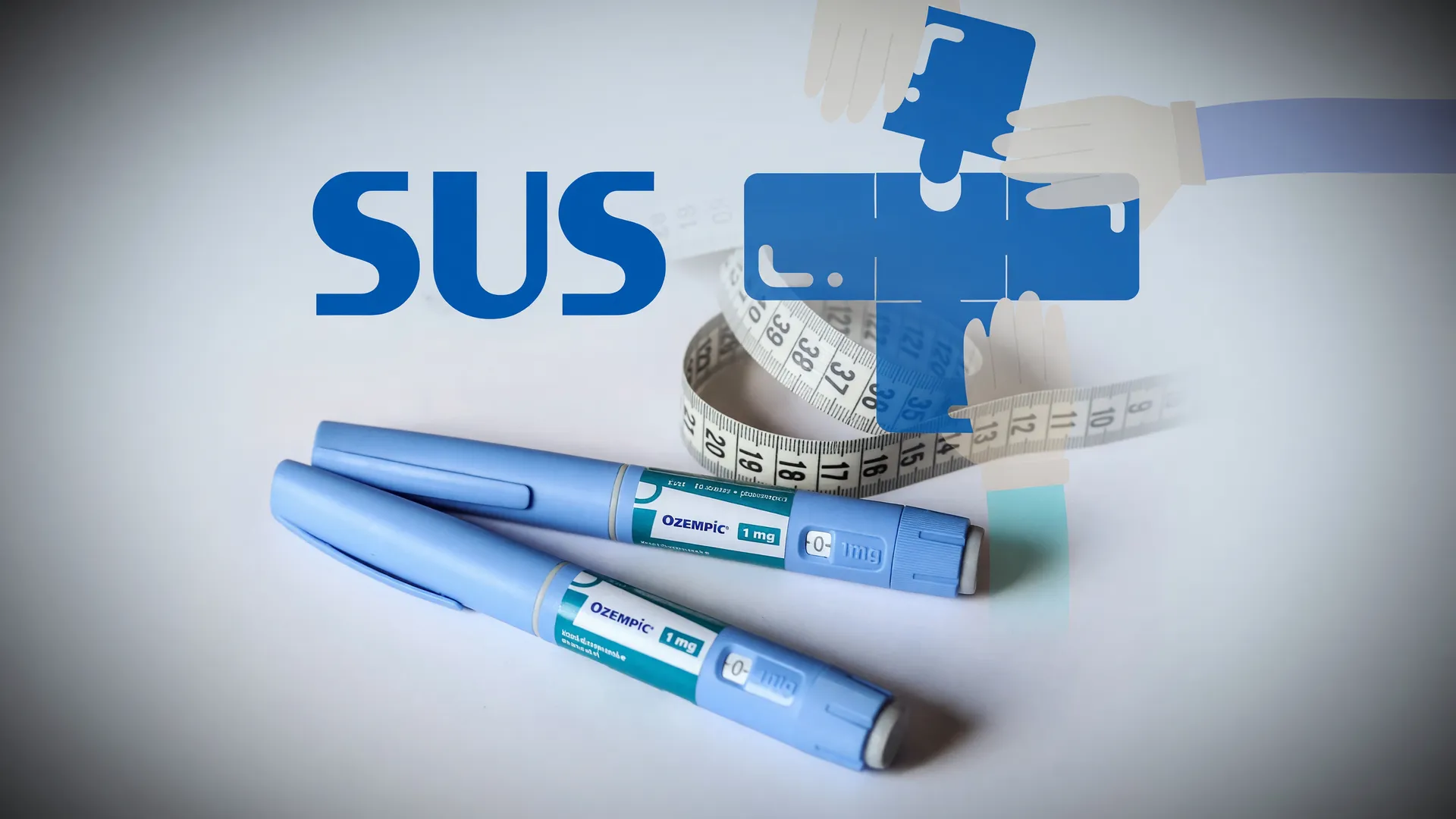 Caneta emagrecedora no SUS: pens de semaglutida em destaque com símbolo do sistema público de saúde ao fundo