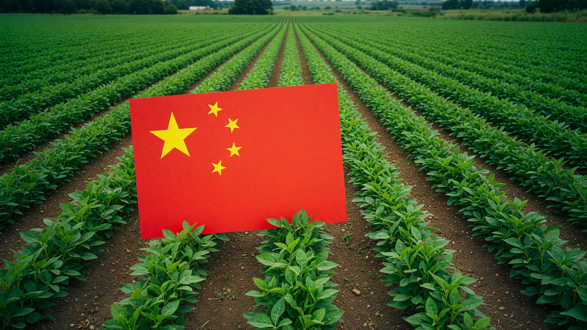 Bandeira da China sobre lavoura de soja, simbolizando a estratégia em que a China reduz importação de alimentos