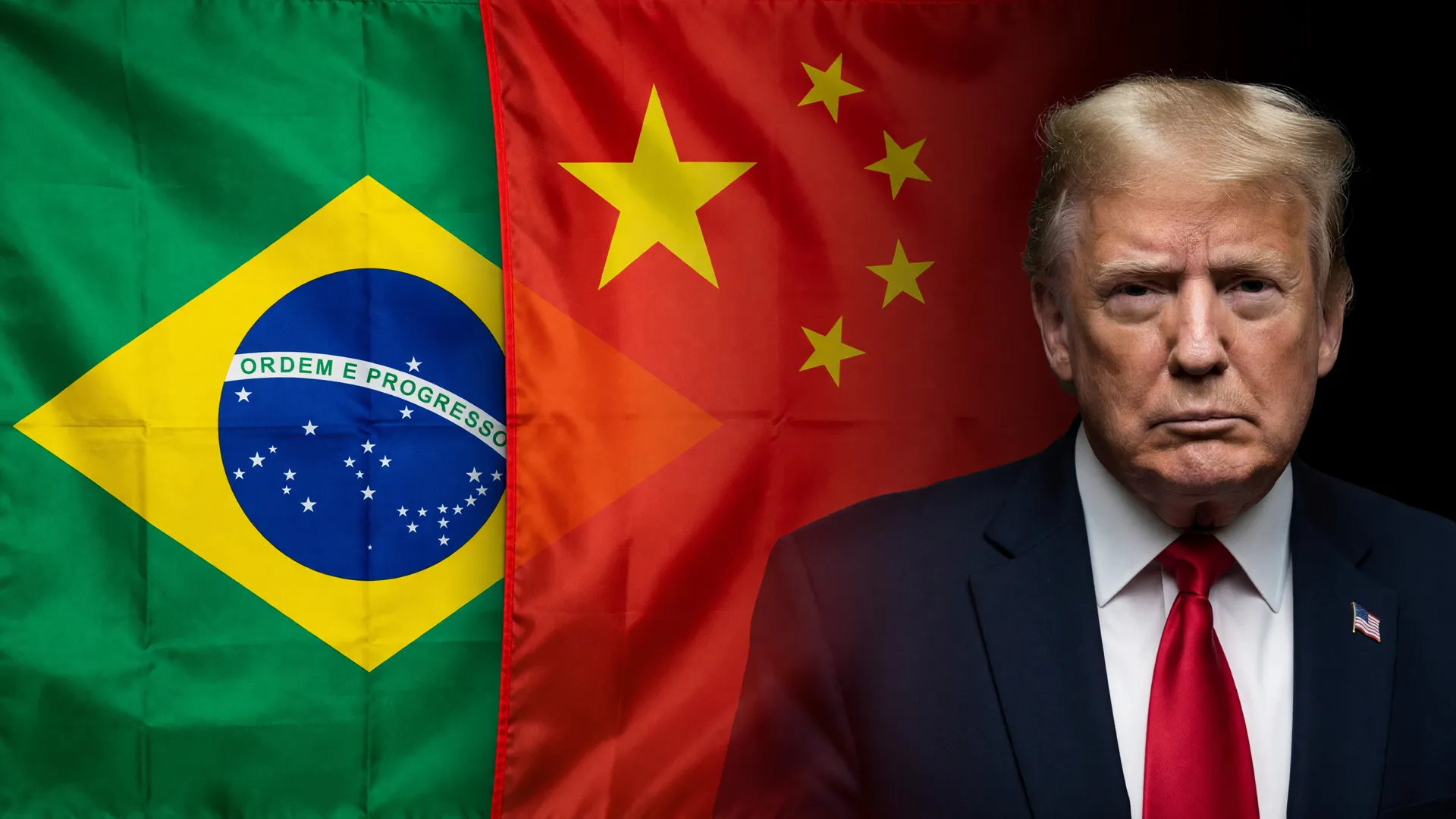 Bandeiras do Brasil e da China em confronto com Trump, símbolo da disputa China tarifaço EUA OMC