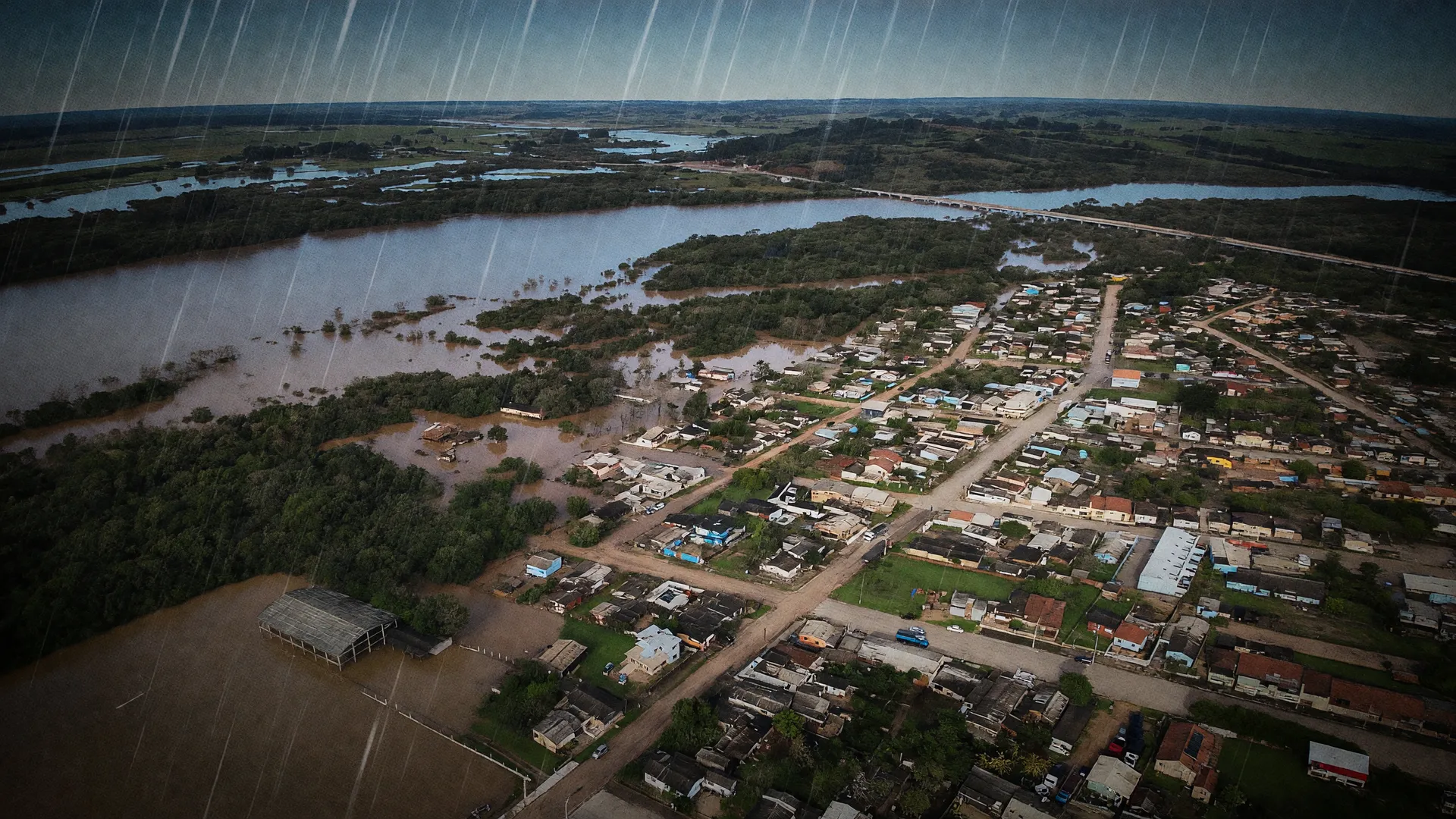 Vista aérea de área urbana inundada com chuvas intensas causadas por ciclone extratropical no Sul