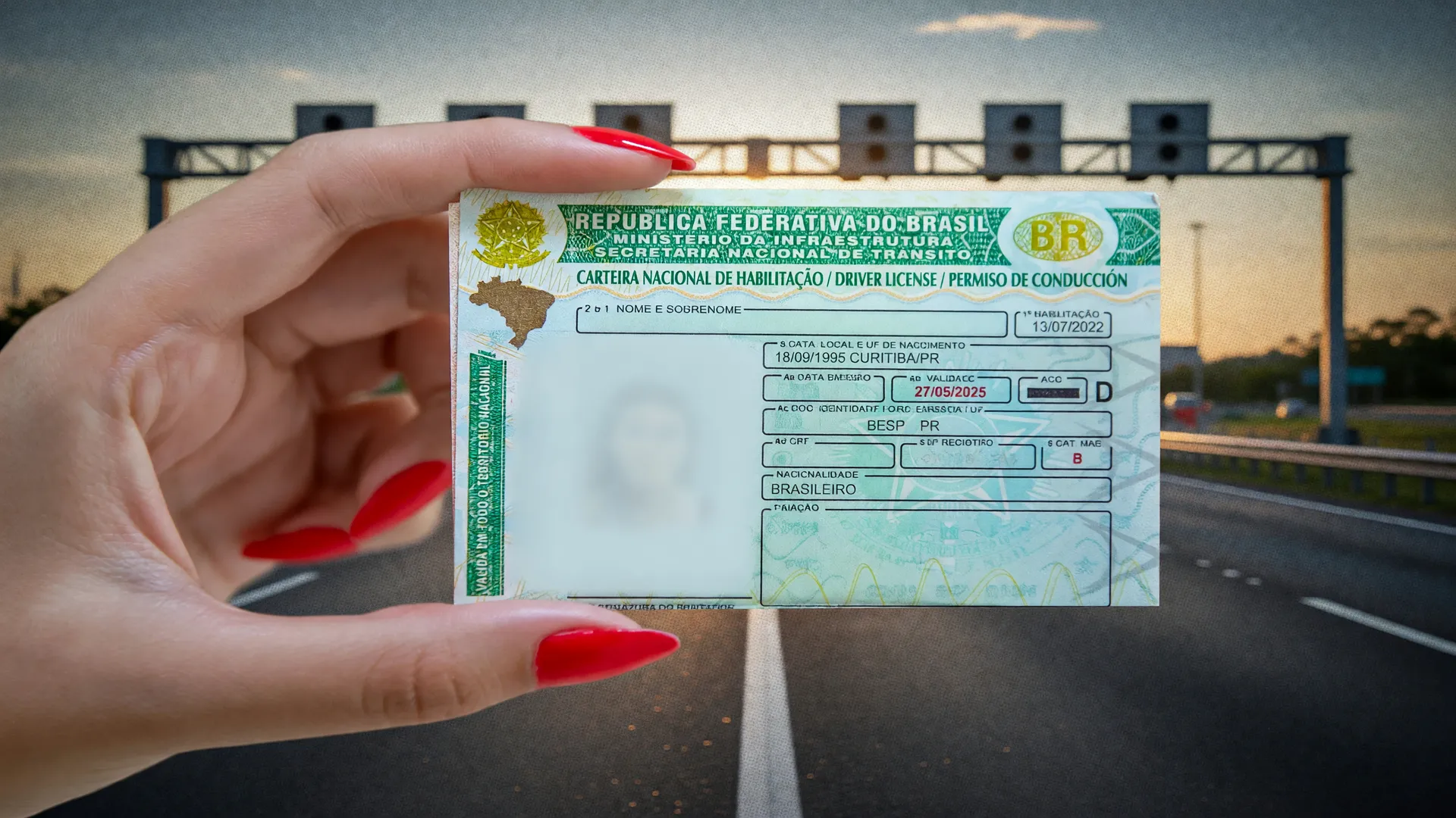 CNH em mão feminina, símbolo da ferramenta para consultar passagens pedágio free flow nas rodovias