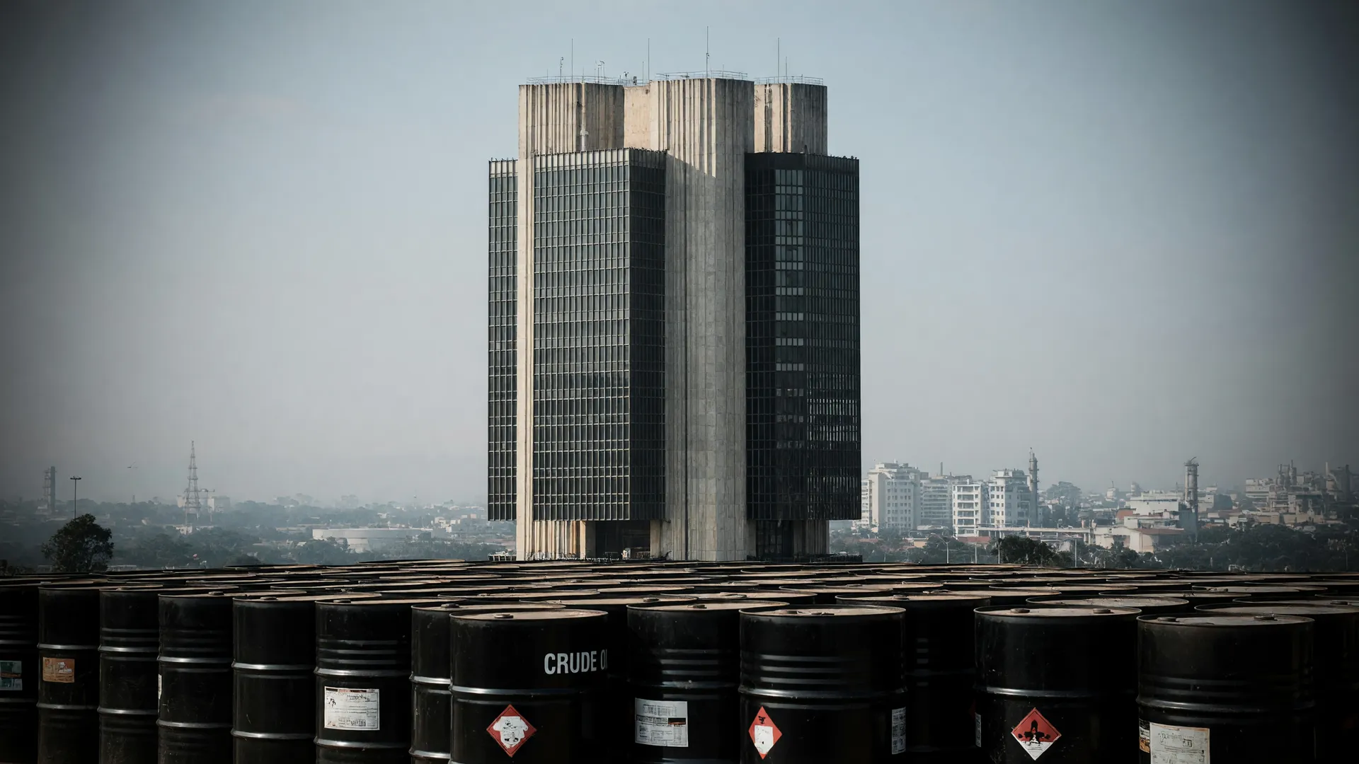Sede do Banco Central e barris de petróleo simbolizam cenário de corte de juros no Brasil em meio a riscos globais