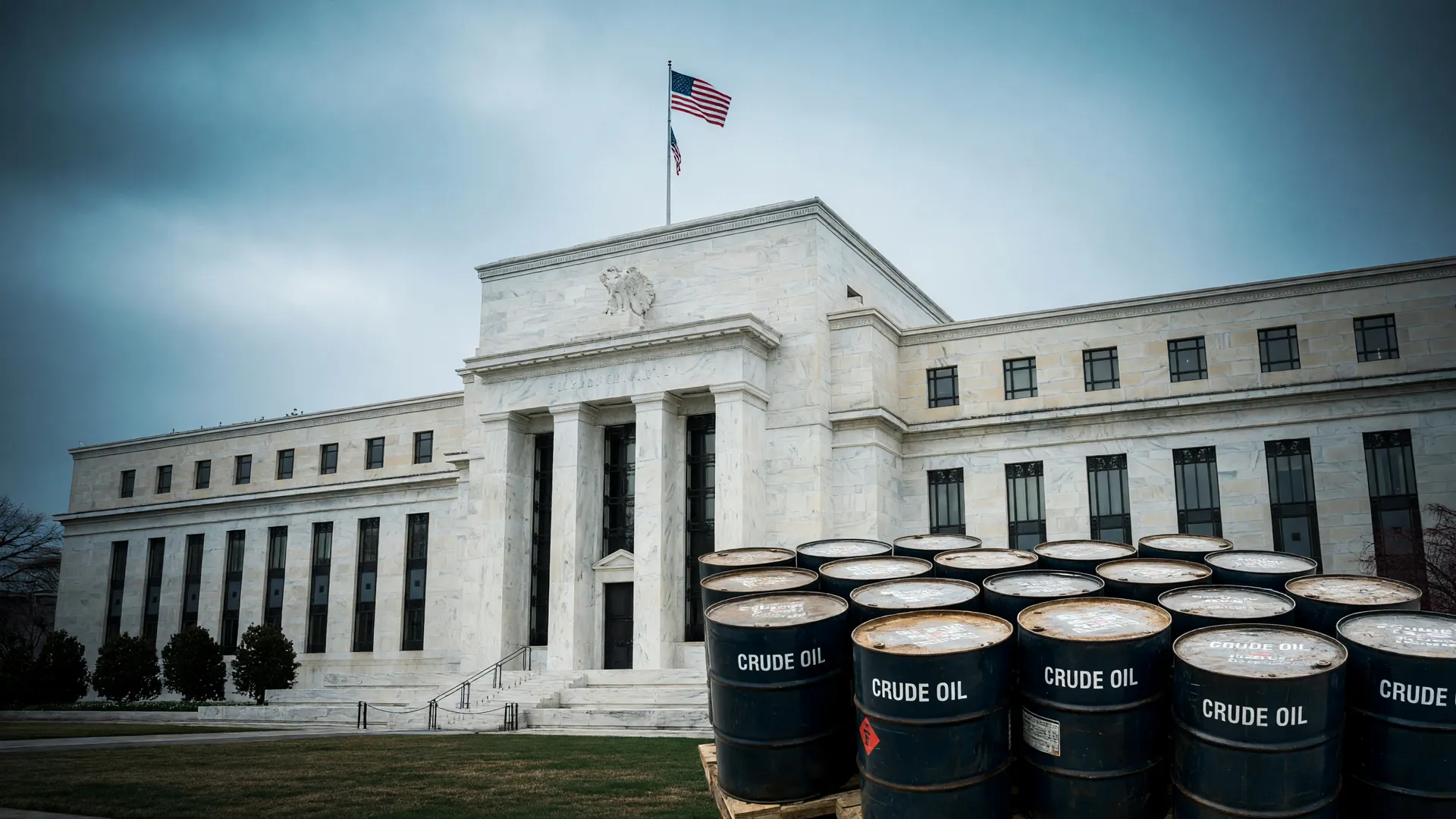 Sede do Federal Reserve ao fundo e barris de petróleo em primeiro plano, contextualizando a cotação do dólar hoje