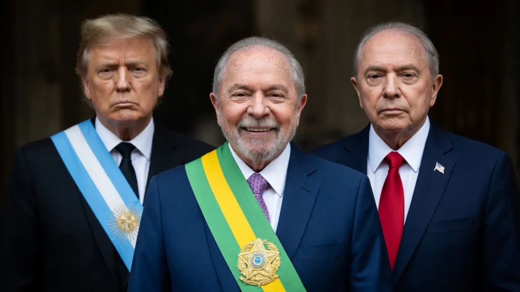 Lula entre Milei e Trump em montagem que ilustra a crise diplomática Brasil Argentina EUA