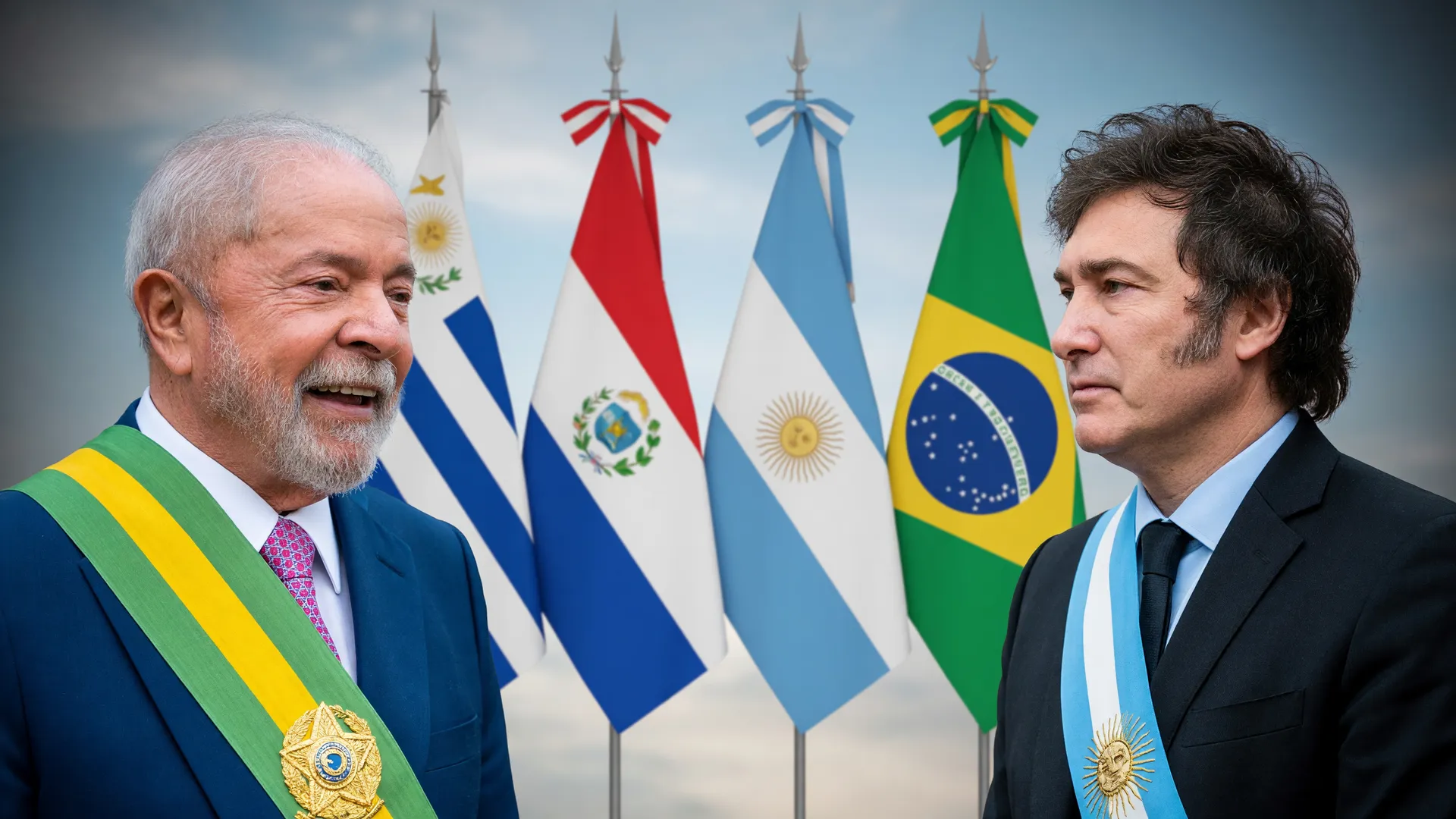 Retratos de Lula e Milei separados pelas bandeiras do Mercosul — imagem da crise diplomática Lula Milei