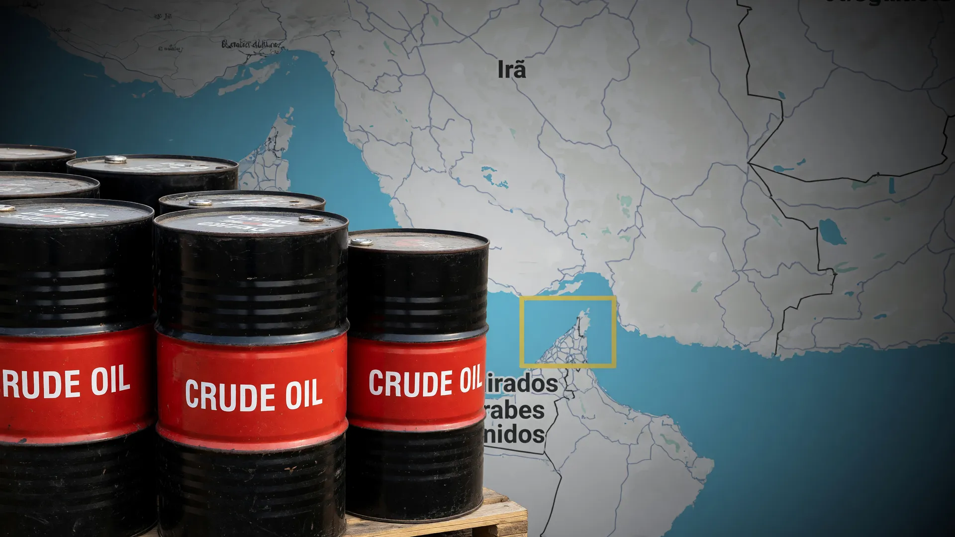 Barris de petróleo com mapa do Estreito de Ormuz ao fundo, refletindo impacto da guerra no custo do combustível de aviação