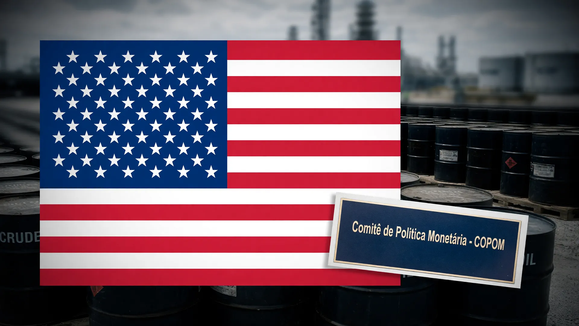 Bandeira dos EUA ao lado de placa do Copom e barris de petróleo, enquanto mercado aguarda dados de emprego dos EUA