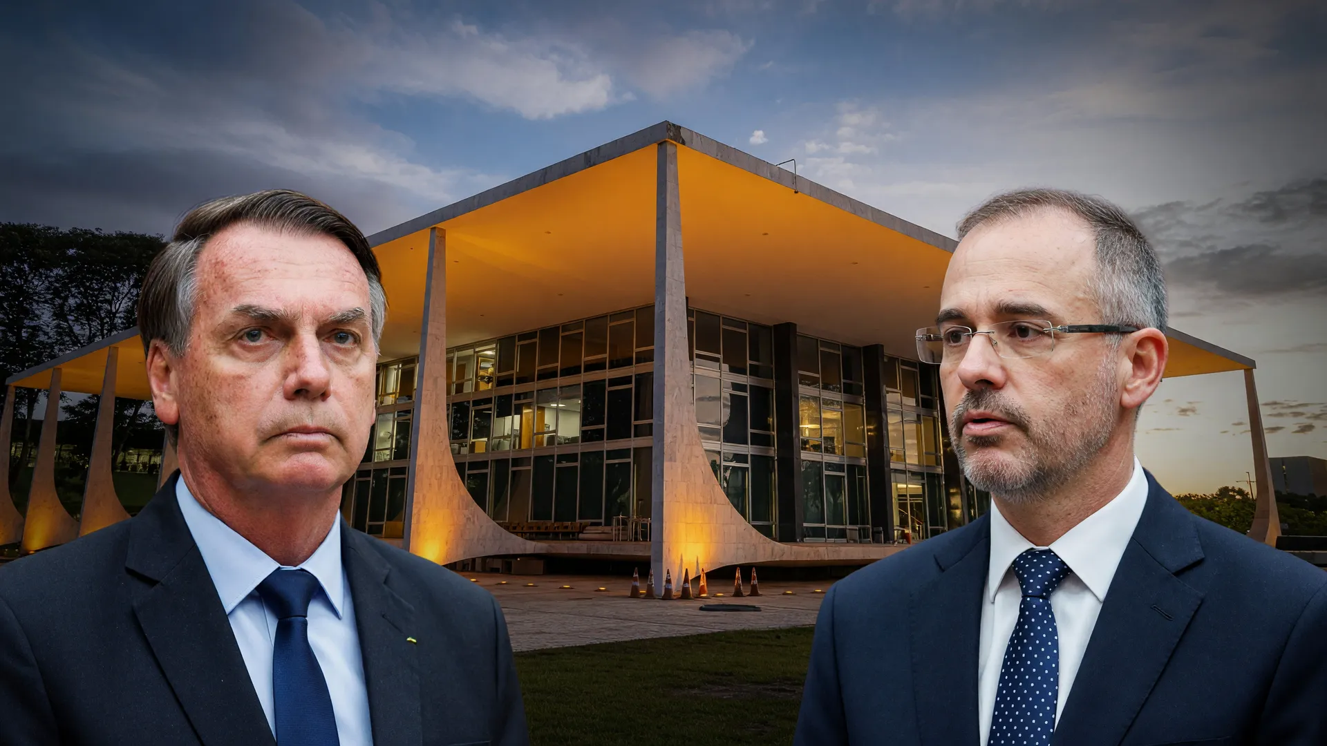 Fachada do STF ao entardecer com Bolsonaro e André Mendonça no centro da investigação Dark Horse Bolsonaro