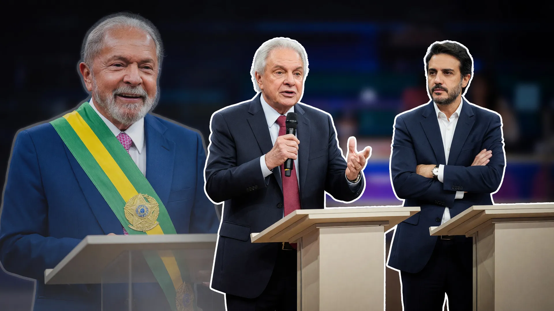 No debate presidencial 2026 sem Lula, Caiado e Renan debatem com púlpitos vazios ao fundo