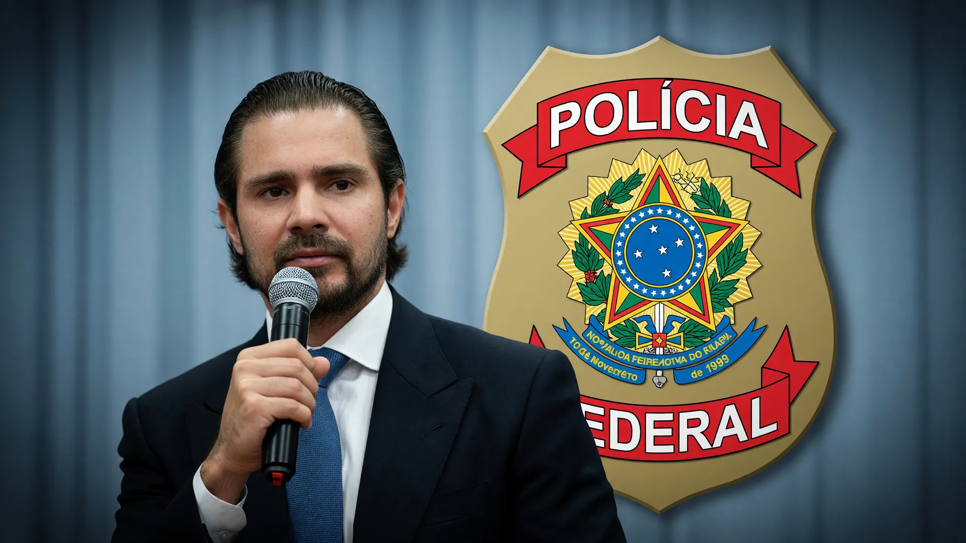 Daniel Vorcaro e emblema da Polícia Federal em composição sobre a delação premiada de Vorcaro