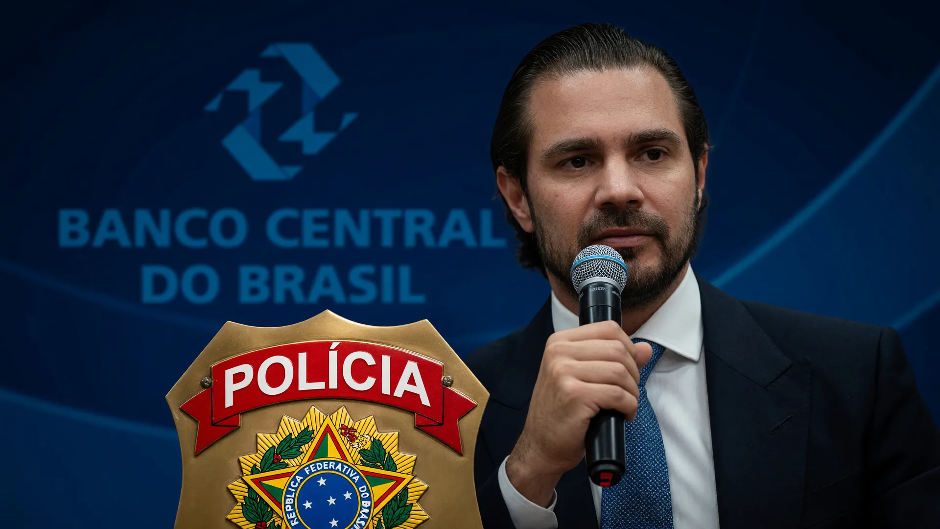 Depoimento de Daniel Vorcaro à PF: banqueiro em destaque, distintivo federal e logo do Banco Central ao fundo