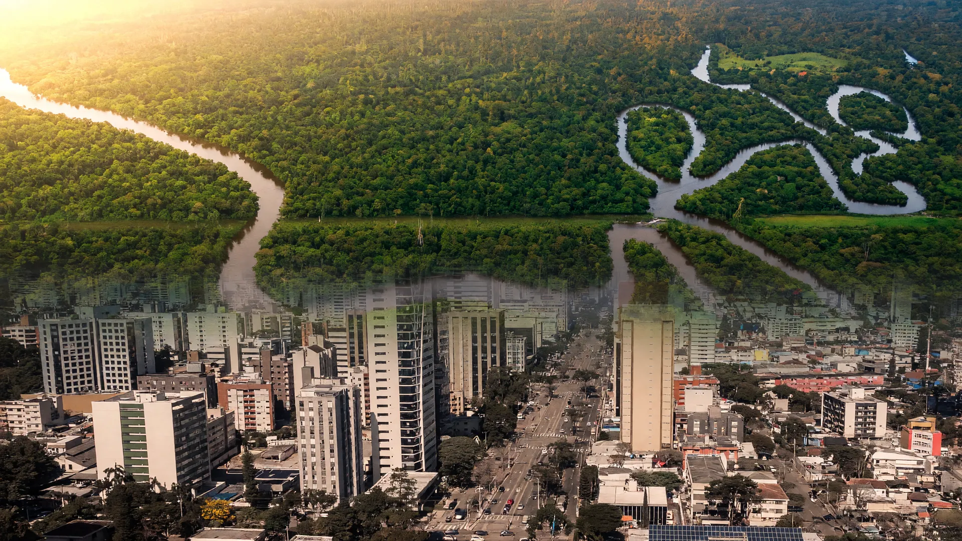 Floresta amazônica vista do ar e Curitiba ilustram pesquisa sobre desmatamento amazônia seca paraná