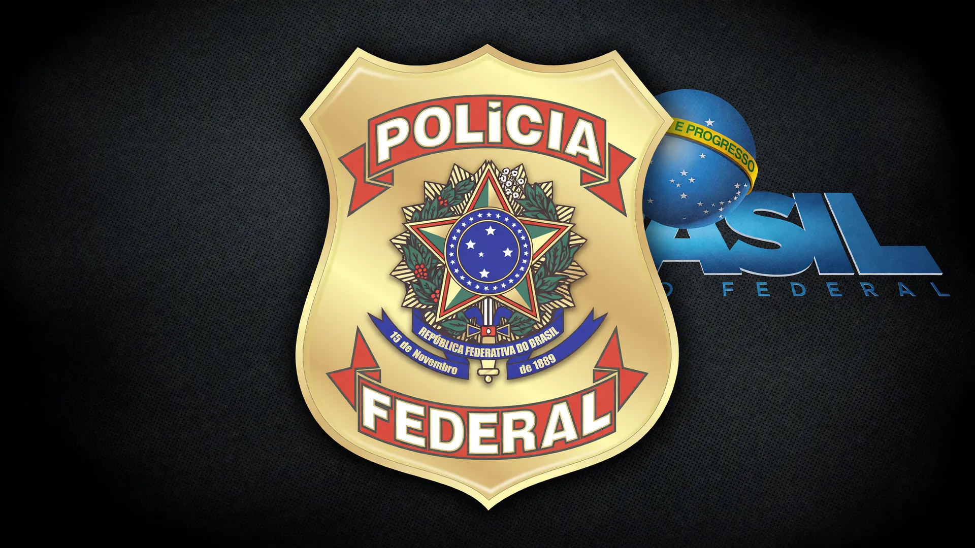 Brasão da Polícia Federal com logo do Governo Federal ao fundo, representando investigação de desvio de recursos partidários
