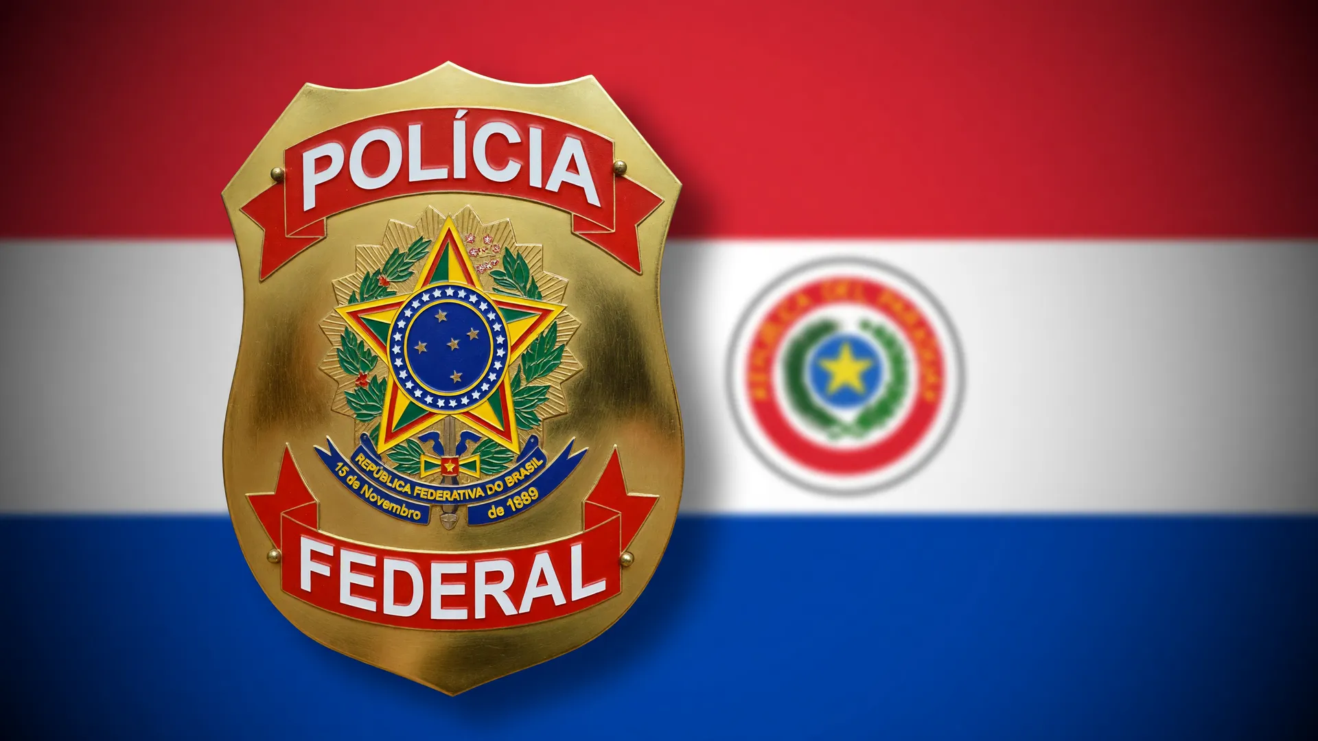 Distintivo da Polícia Federal sobre a bandeira do Paraguai, referência à investigação de diplomas falsos no Paraguai