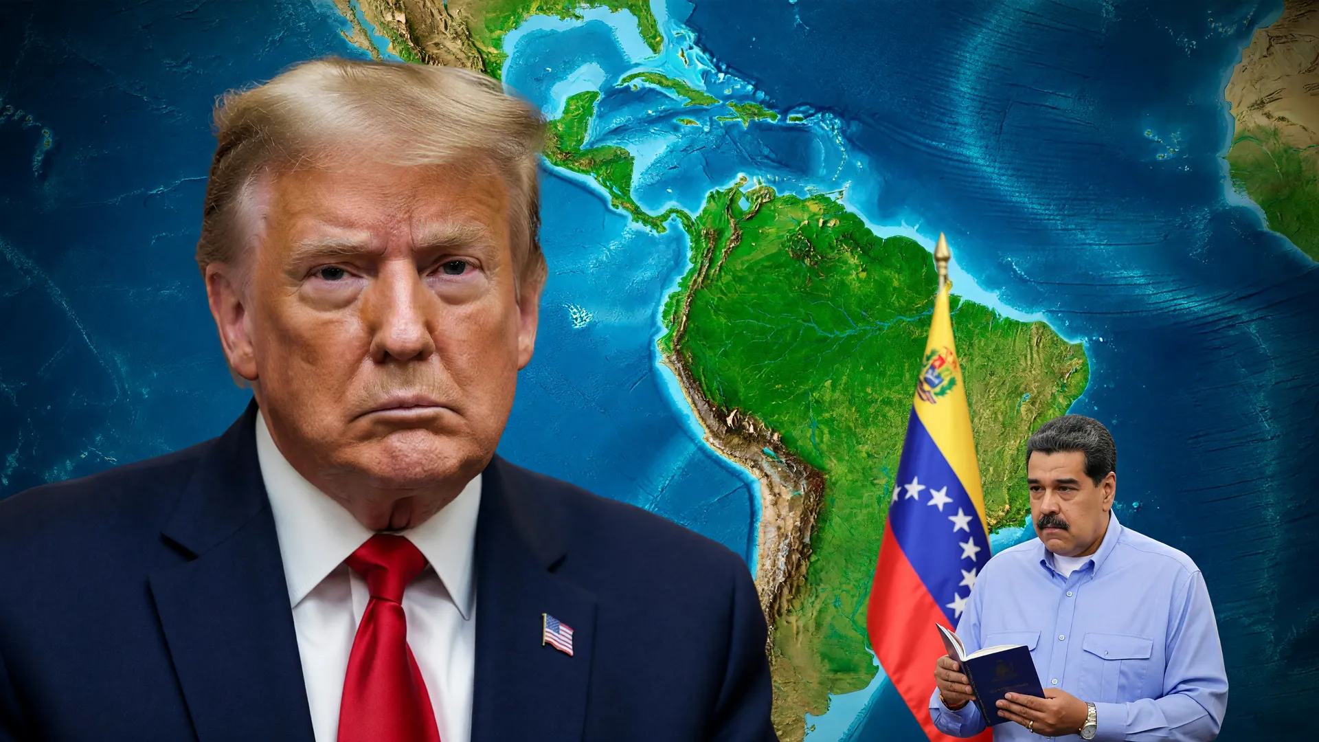 Trump em primeiro plano sobre mapa da América Latina com Maduro ao fundo, simbolizando a Doutrina Monroe na América Latina