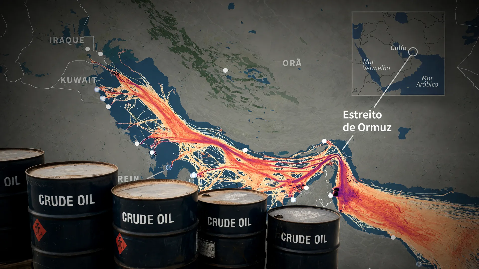 Mapa de rotas marítimas e barris de petróleo revelam a corrida para driblar Estreito de Ormuz