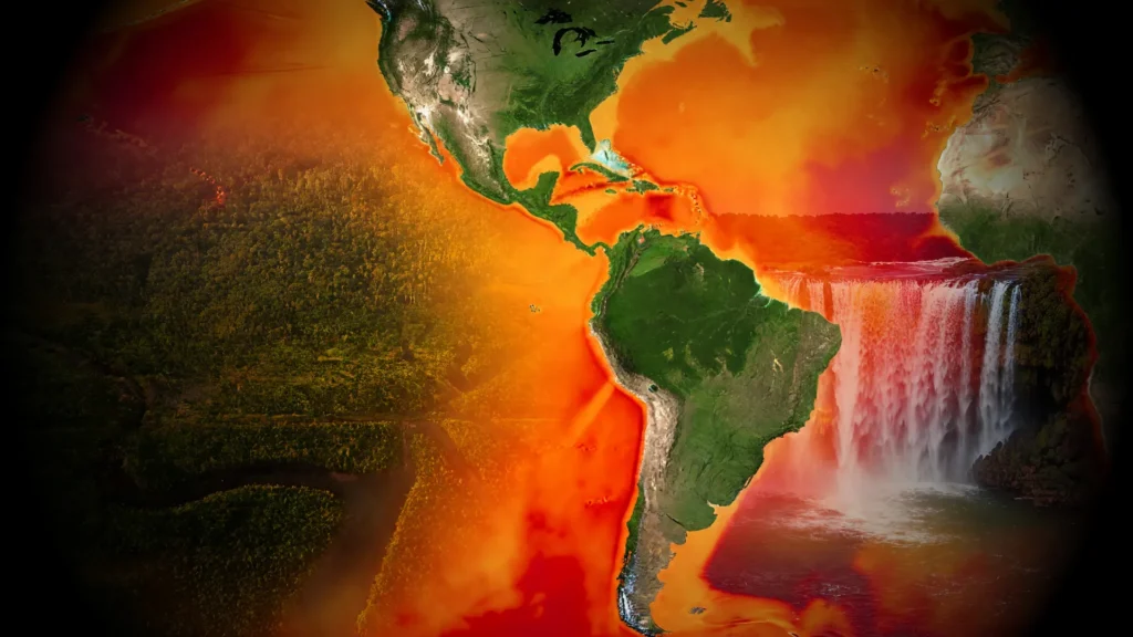 Mapa térmico do El Niño 2026 no Brasil com floresta amazônica e chuvas no Sul em composição climática