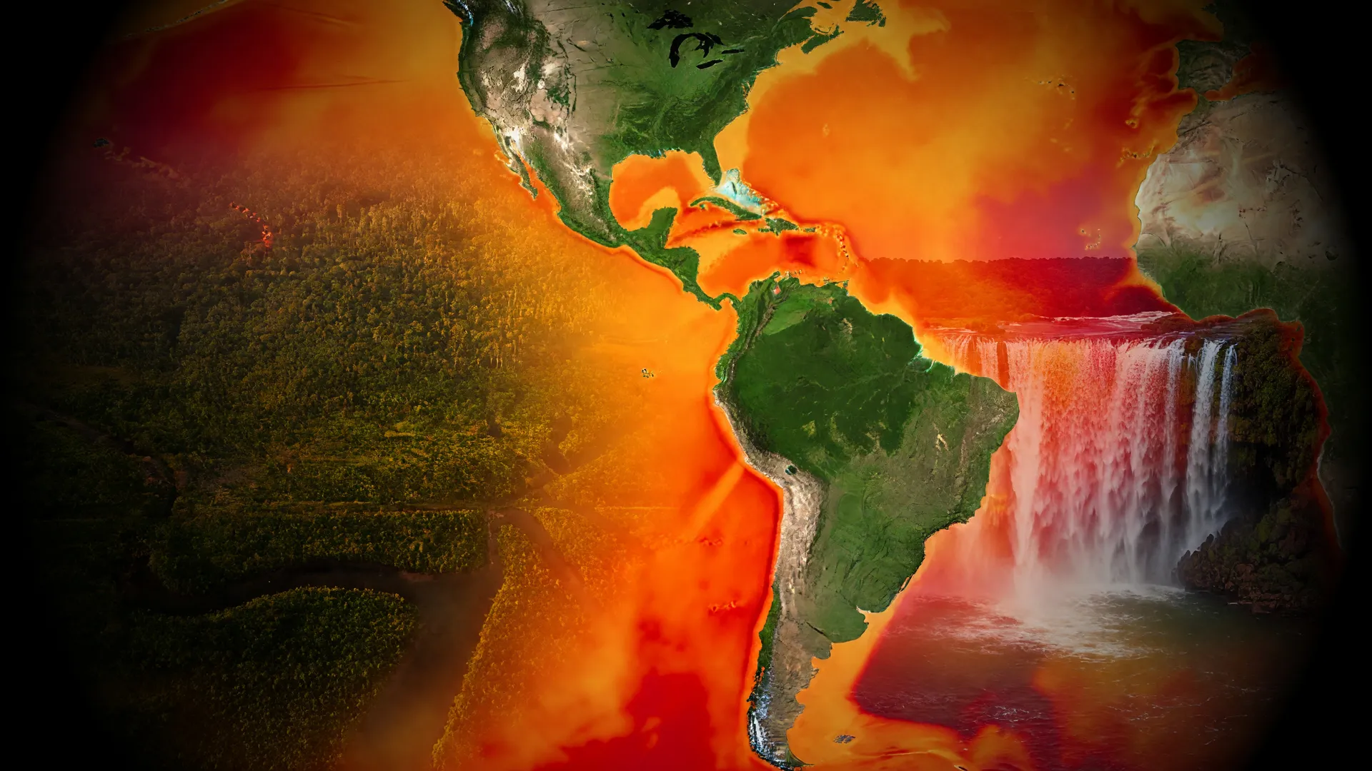 Mapa térmico do El Niño 2026 no Brasil com floresta amazônica e chuvas no Sul em composição climática