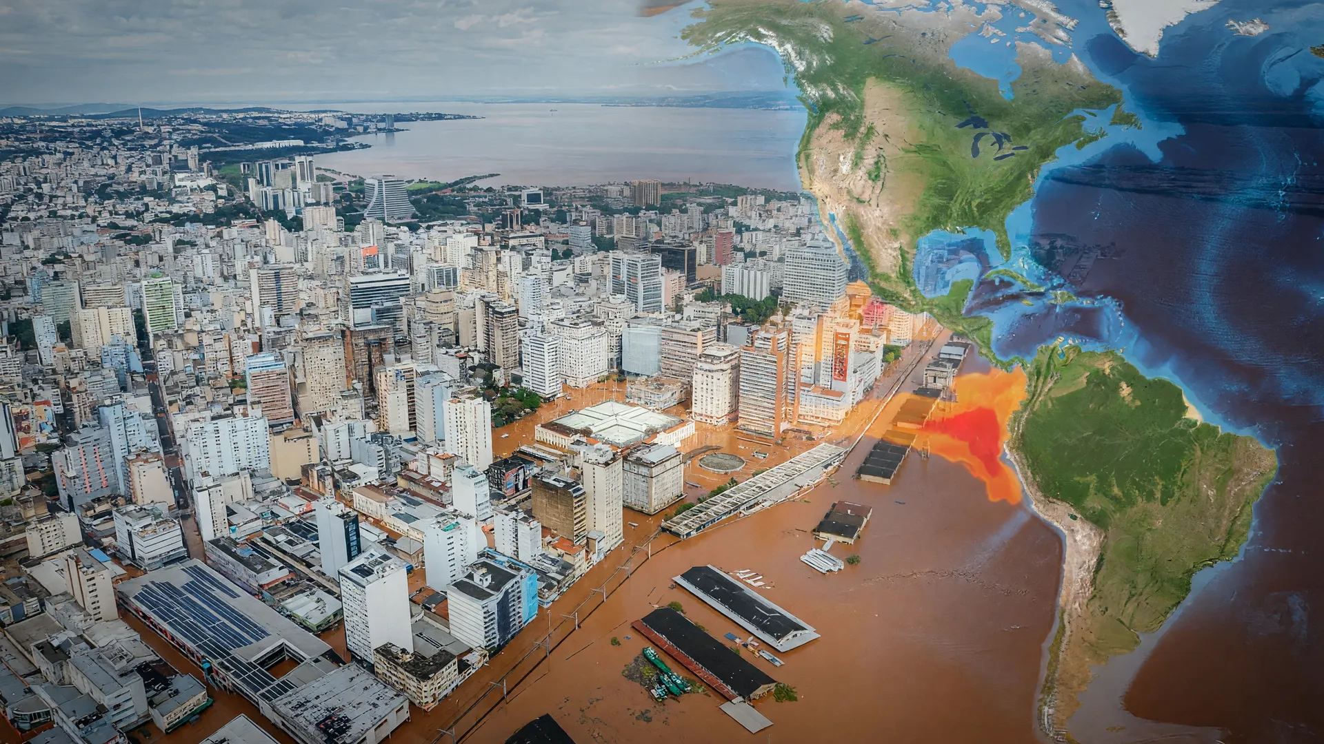Enchentes causadas pelo El Niño chuvas no Brasil: vista aérea de cidade inundada e mapa de anomalias térmicas