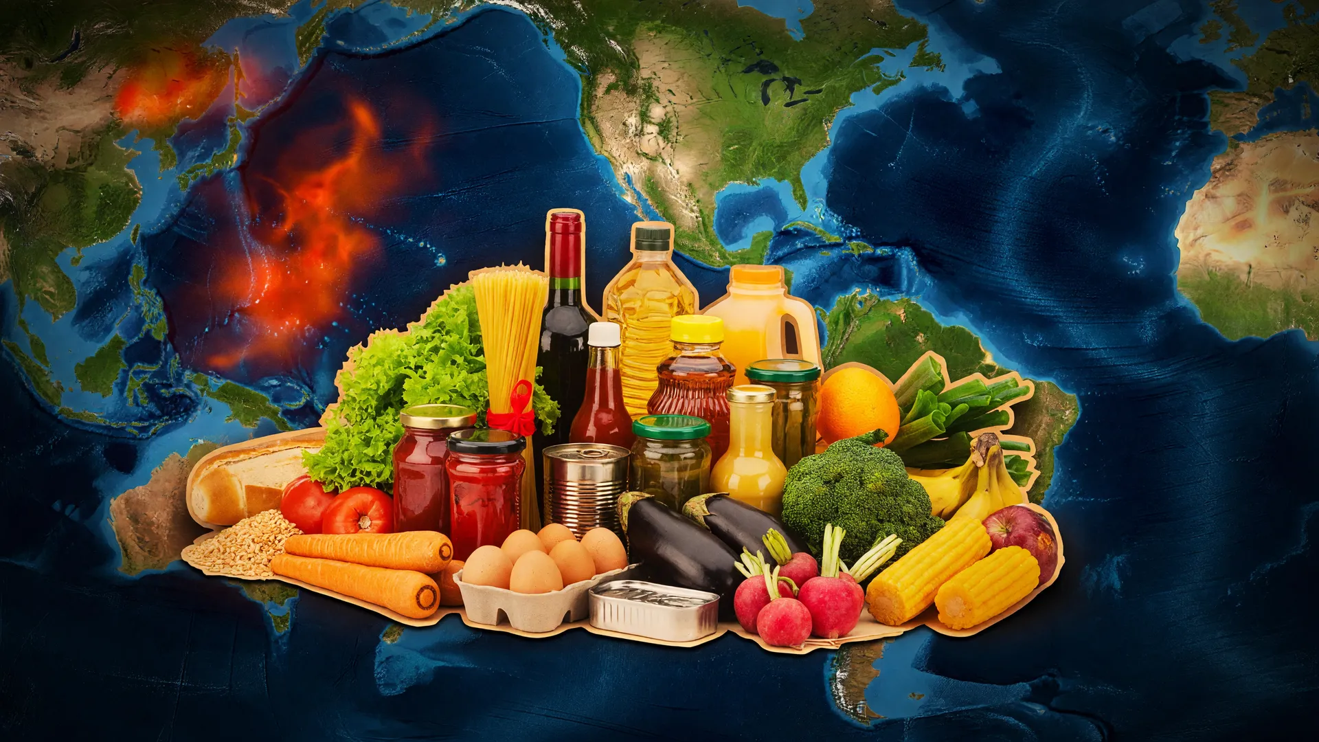 El Niño encarece alimentos no Brasil: mapa térmico do fenômeno ao fundo com produtos alimentícios em destaque
