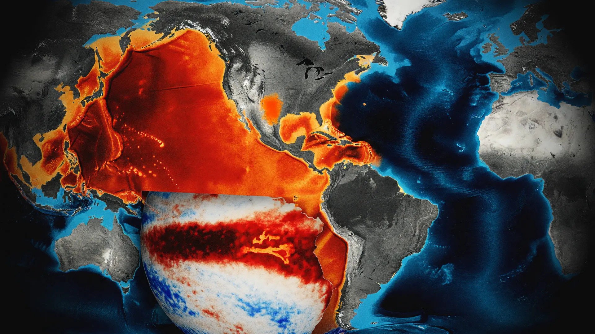Mapa térmico do El Niño mais forte da história, com anomalias em laranja e vermelho cobrindo o Pacífico