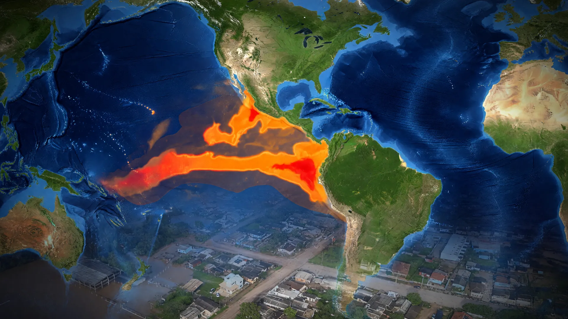 Anomalias térmicas do El Niño muito forte em vermelho no Pacífico, com enchentes urbanas ao fundo