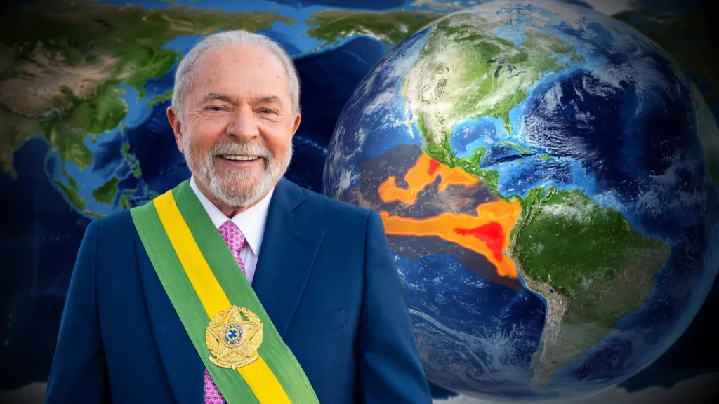 Lula em retrato presidencial diante de mapa térmico de El Niño super forte Brasil
