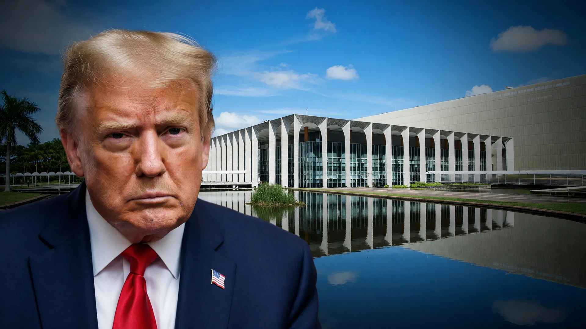 Trump diante do Palácio do Itamaraty, evocando a tensão diplomática em torno do embaixador dos EUA no Brasil