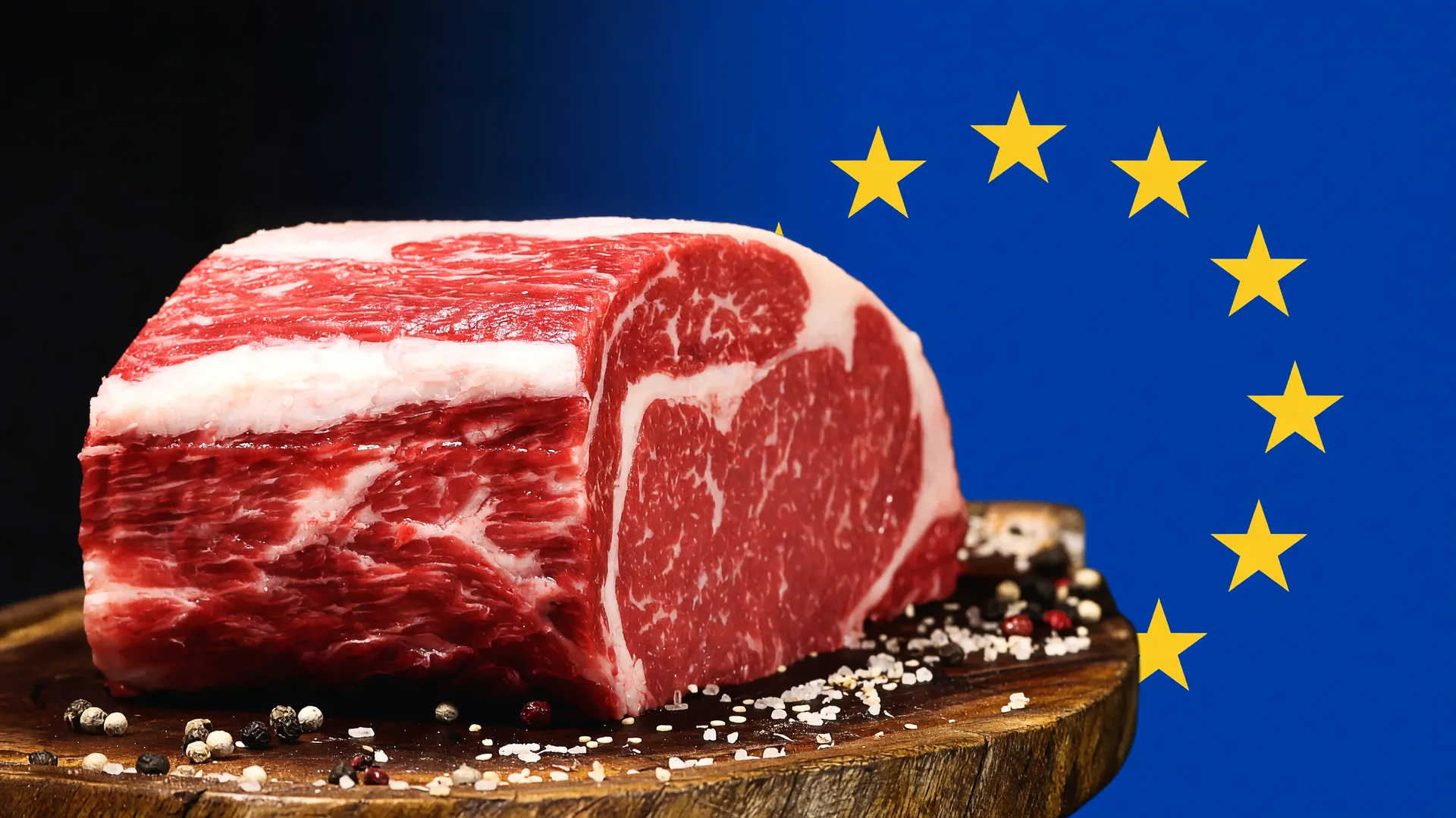 Corte de carne bovina com bandeira da União Europeia ao fundo, ilustrando o embargo carne brasileira União Europeia