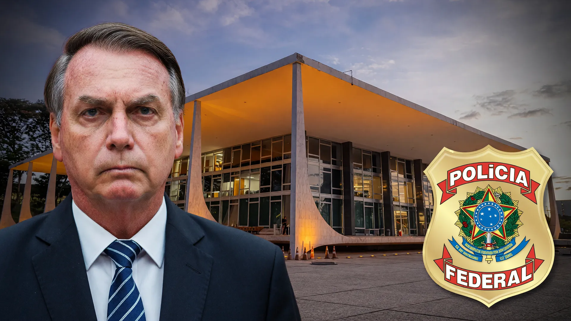 Emblema da PF sobre STF ao entardecer — caso envolve emendas parlamentares e filme Bolsonaro