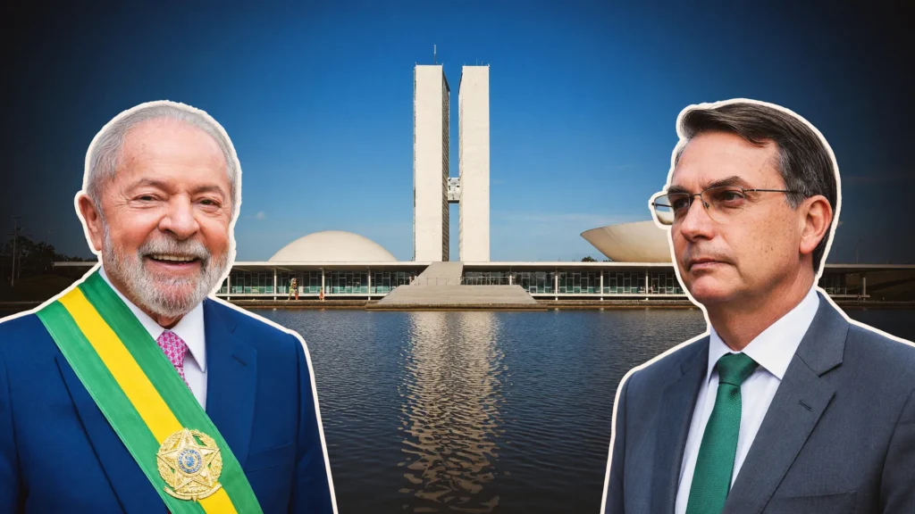 Lula e Flávio Bolsonaro em disputa sobre emendas parlamentares no governo Lula com o Congresso ao fundo