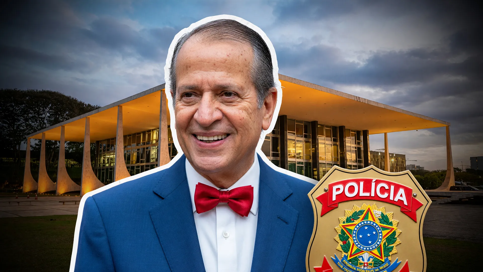 Valdemar Costa Neto investigado por emendas parlamentares diante do STF iluminado e distintivo da Polícia Federal