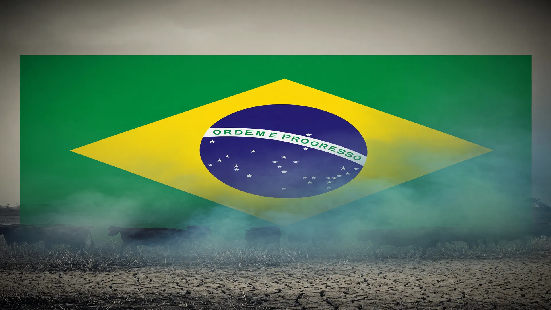 Bandeira do Brasil encoberta por névoa de metano, simbolizando as emissões de metano no Brasil na crise climática