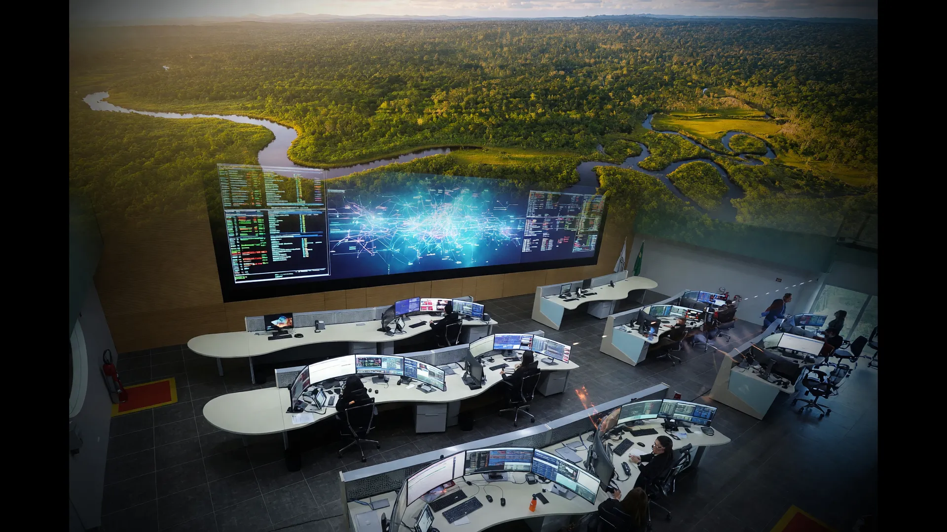 Centro de operações do ONS monitora energia elétrica eleições 2026 em tempo real, com floresta amazônica ao fundo