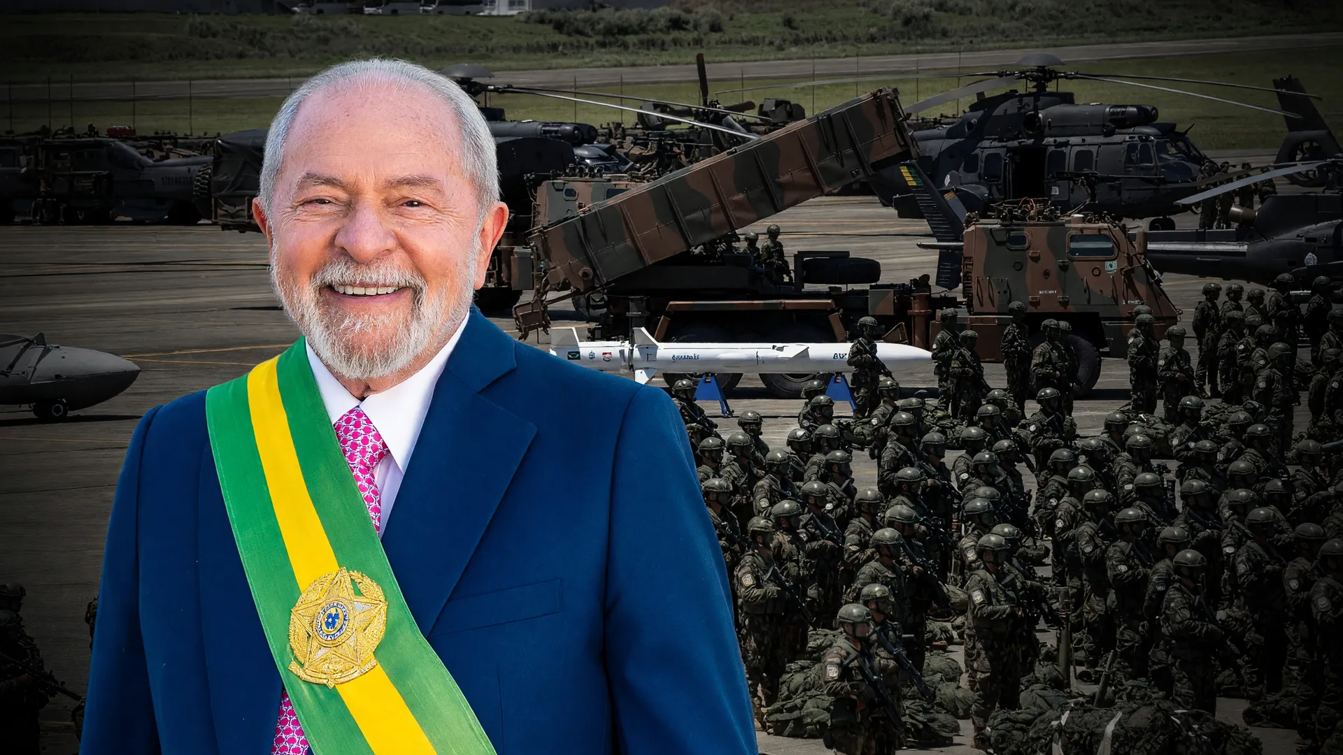 Lula com faixa presidencial defende enriquecimento de urânio no Brasil com forças militares ao fundo