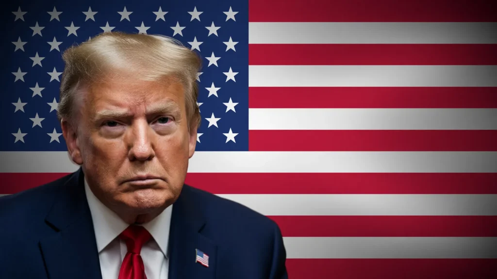 Donald Trump em retrato oficial com bandeira dos EUA ao fundo, alusão às entrevistas de visto suspensas EUA