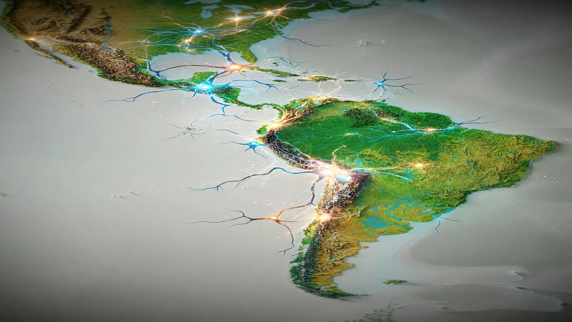Rede de neurônios luminosos sobre mapa da América Latina, evocando pesquisa sobre esclerose múltipla progressiva HTLV-1