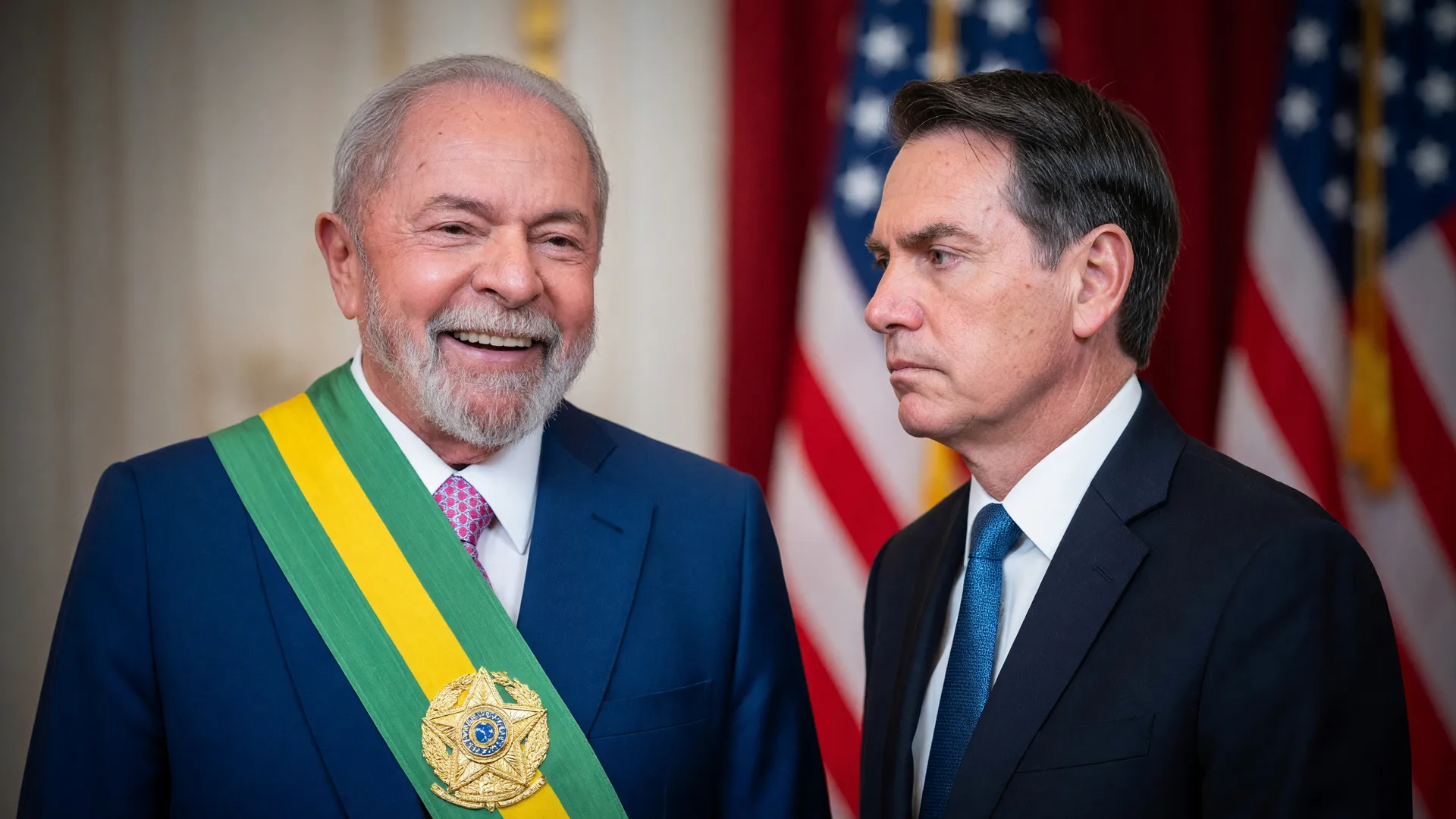 Lula com faixa presidencial e Marco Rubio com bandeiras dos EUA ao fundo, no contexto do EUA plano reeleição de Lula