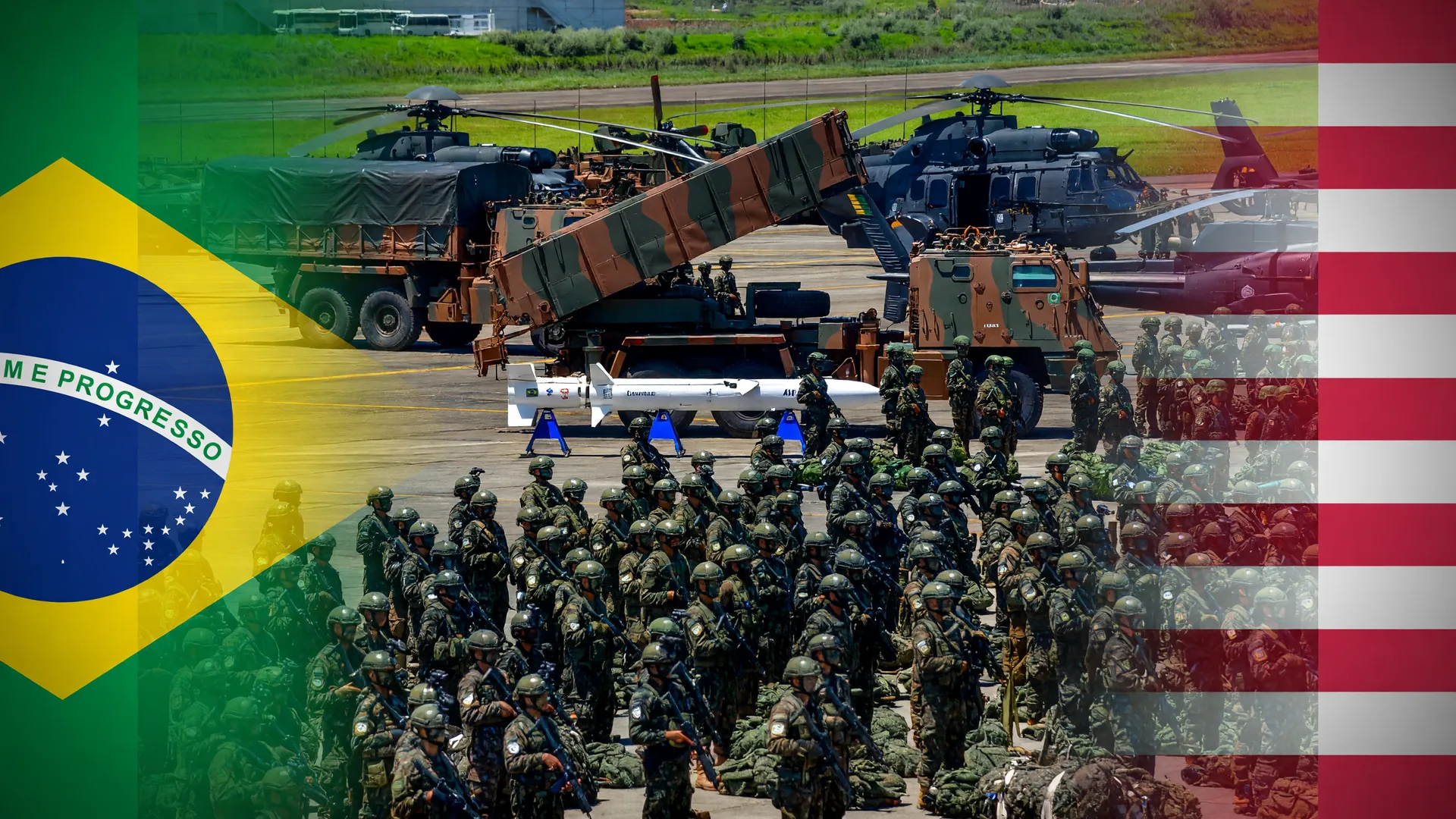 Soldados em formação militar em base aérea durante exercícios militares EUA Brasil, com blindados e helicópteros ao fundo