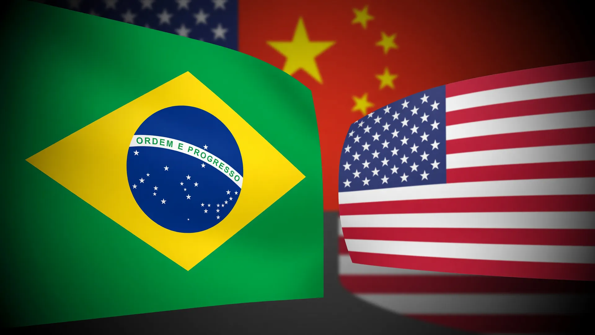Bandeiras do Brasil e dos EUA frente a frente ilustram queda nas exportações do Brasil para os EUA
