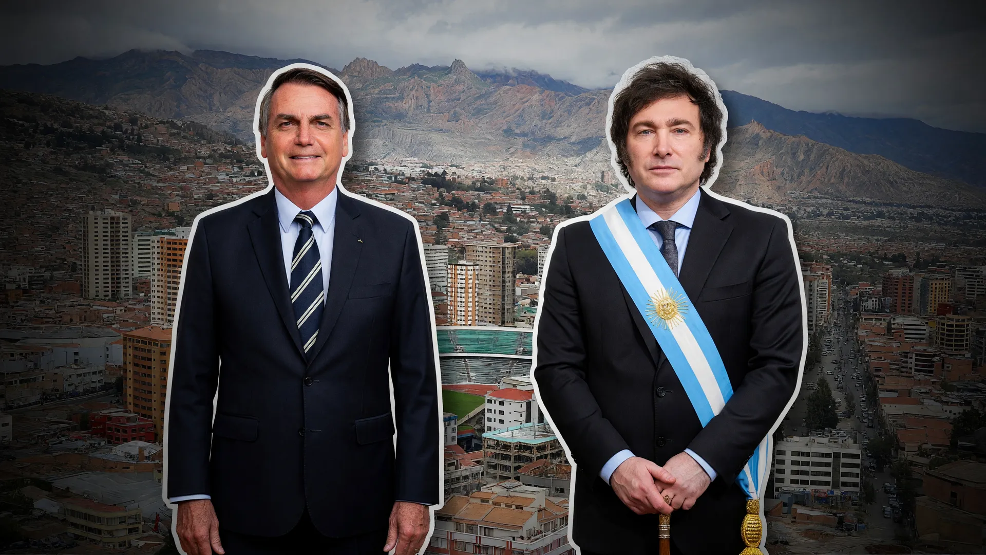 Bolsonaro e Milei em composição editorial sombria com La Paz ao fundo, no caso Fernando Cerimedo preso na Bolívia