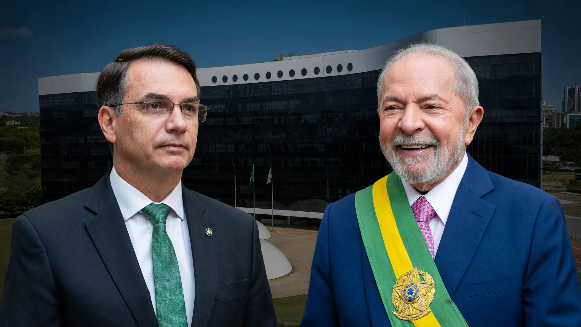 Flávio Bolsonaro aciona TSE contra Lula por uso eleitoral do Alvorada, com fachada do tribunal ao fundo