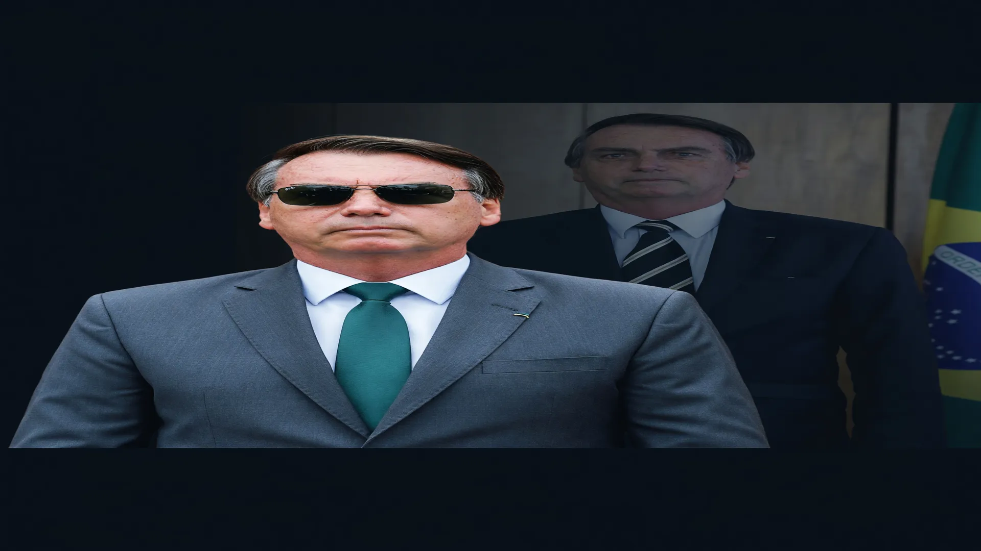 Flávio Bolsonaro candidato à Presidência em retrato formal com a sombra do legado do pai Jair Bolsonaro ao fundo