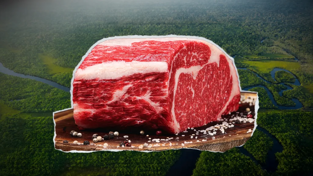 Corte de carne bovina sobre vista aérea da Amazônia, denunciando o gado ilegal na Amazônia que chega ao prato