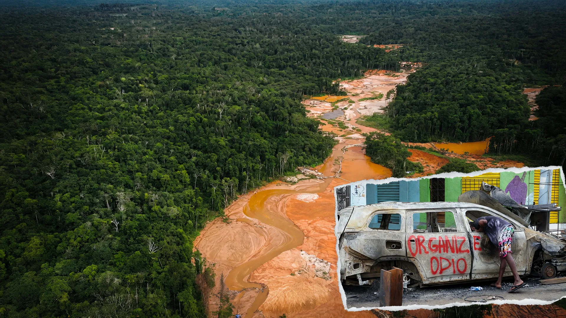 Vista aérea de garimpo ilegal no Juruena com rio poluído em laranja cortando a floresta amazônica