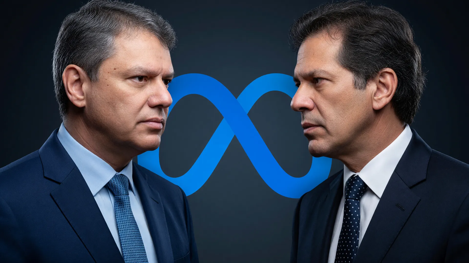 Montagem com Tarcísio de Freitas e Fernando Haddad em confronto digital, simbolizando gastos de Tarcísio e Haddad em anúncios