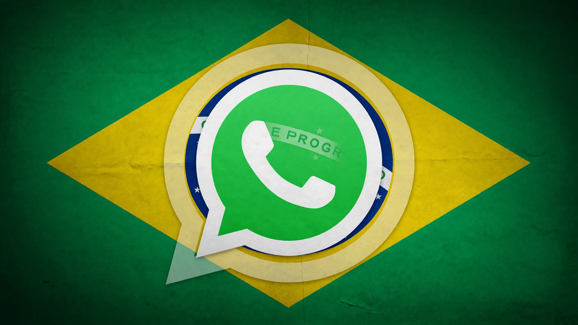 Logo do WhatsApp sobre a bandeira do Brasil representa o golpe de clonagem por IA em fraudes digitais