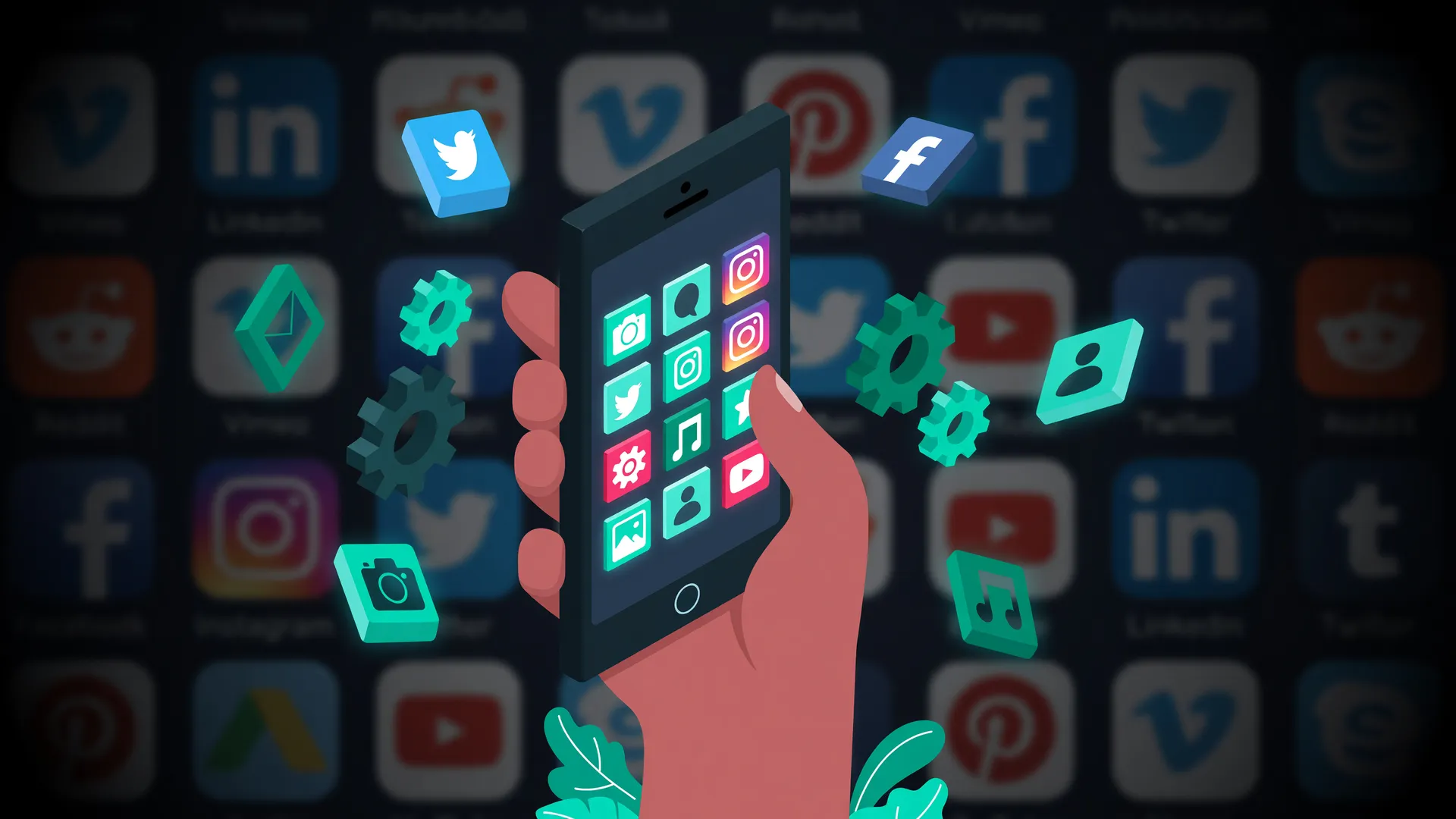 Mão segurando smartphone com ícones de apps em destaque, ilustrando golpes com dados pessoais no Brasil